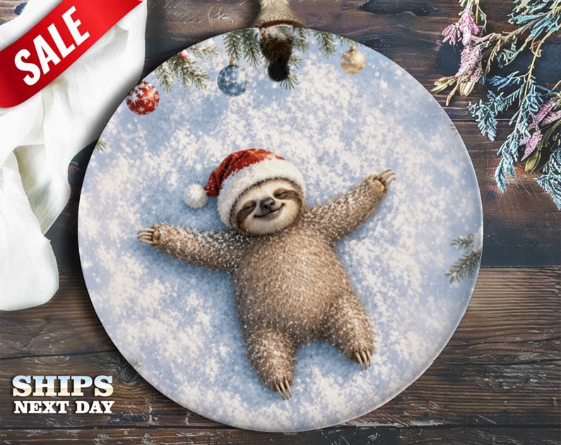 Sloth In Santa Hat Christmas Ornament Cute Holiday Decor Winter Snow Scene Festive Tree Decoration Animal Lover Gift O66