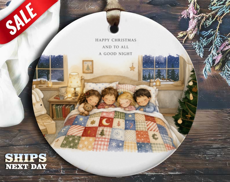 Happy Christmas And To All A Good Night Ornament Cozy Christmas Scene Holiday Decor Cute Kids Sleeping O80