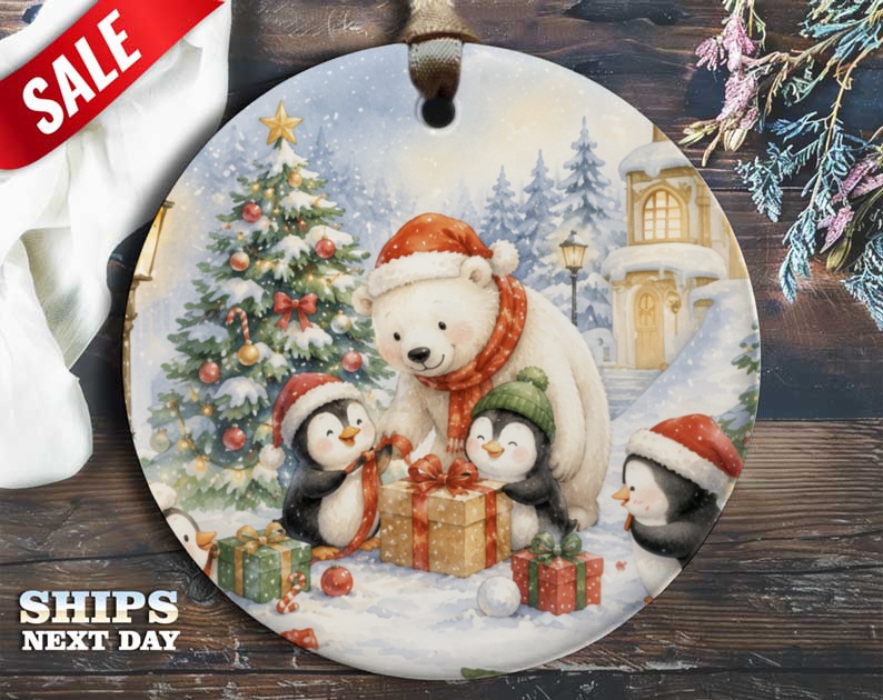 Polar Bear And Penguins Christmas Ornament Cute Holiday Decor Winter Scene Tree Decoration Festive Gift Idea O86