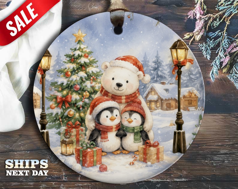Polar Bear And Penguins Christmas Ornament Cute Winter Scene Holiday Decor Festive Tree Decoration Gift For Animal Lovers O87