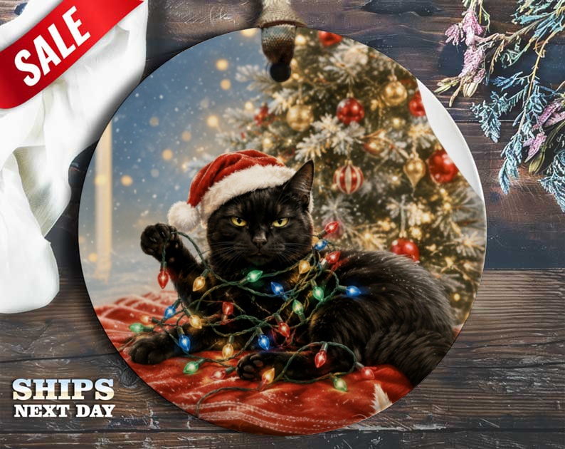 Black Cat Christmas Ornament Festive Holiday Decor Cute Cat Lover Gift Santa Hat Tree Lights Decoration O105
