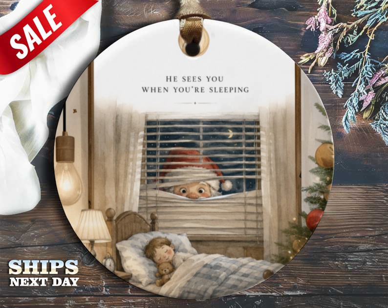 He Sees You When You're Sleeping Christmas Ornament Santa Peeking Holiday Decor Cute Festive Decoration For Kids Room O106