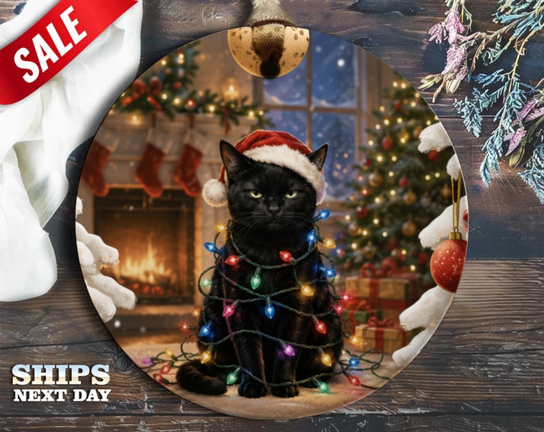 Black Cat Christmas Ornament Festive Holiday Decor Cute Cat Lover Gift Winter Tree Decoration Cozy Fireplace Scene O104