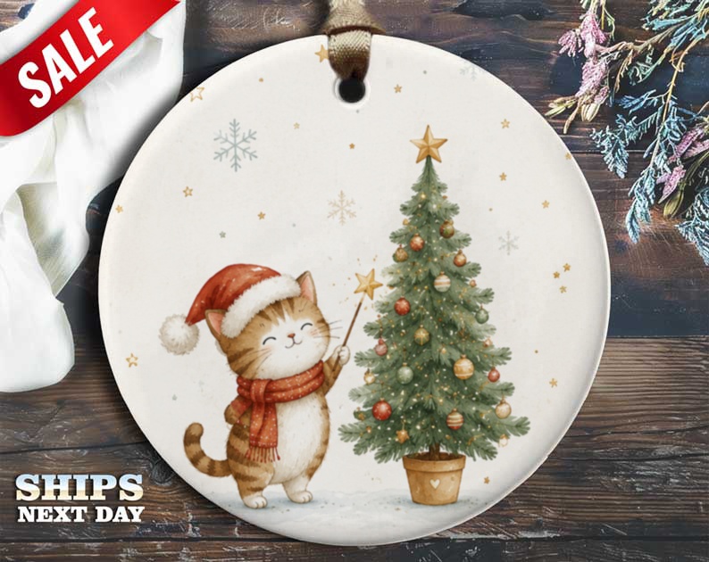 Cat With Christmas Tree Ornament Cute Holiday Decor Festive Cat Lover Gift Christmas Tree Decoration Adorable Kitty Ornament O119