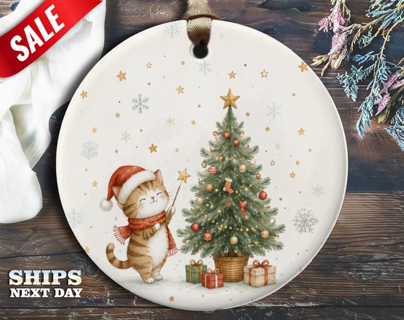 Cat With Christmas Tree Ornament Cute Holiday Decor Festive Cat Lover Gift Christmas Tree Decoration Adorable Kitty Ornament O120