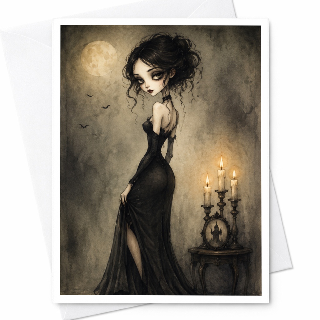 Gothic Halloween Greeting Card Dark Art Spooky Woman With Candles Eerie Vintage Style For Halloween Lovers C3937