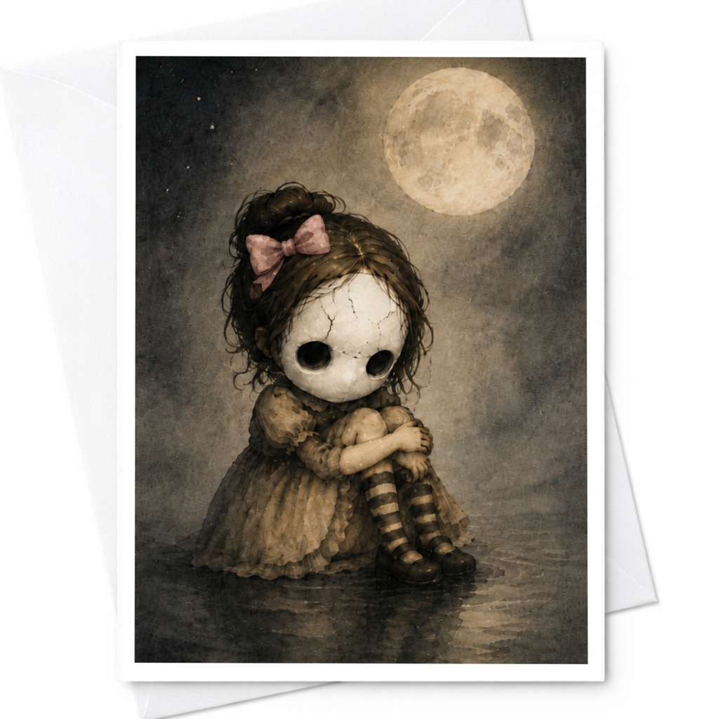 Creepy Doll Under Moon Halloween Greeting Card Spooky Gothic Art Card For Horror Lover Unique Dark Art Card C3939