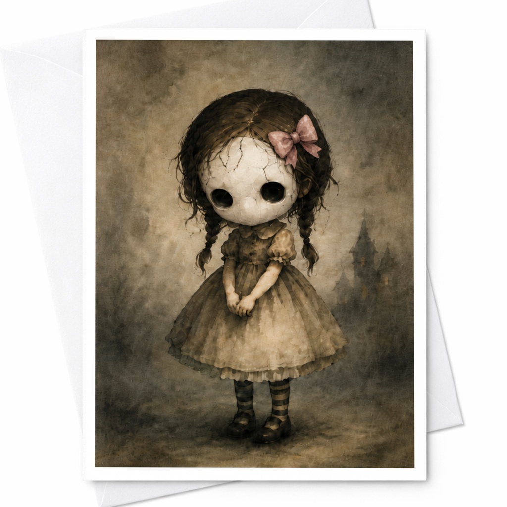 Creepy Doll Halloween Greeting Card Spooky Gothic Art For Horror Lovers Unique Dark Art Card For Halloween Enthusiasts C3940