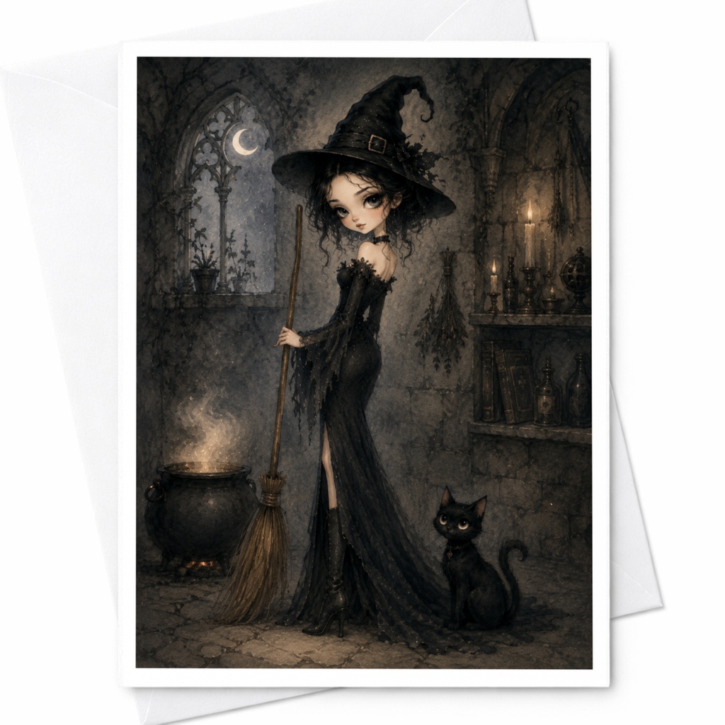 Gothic Witch Halloween Greeting Card Dark Aesthetic Witchcraft Art Black Cat Illustration Spooky Card For Halloween Lovers C3942