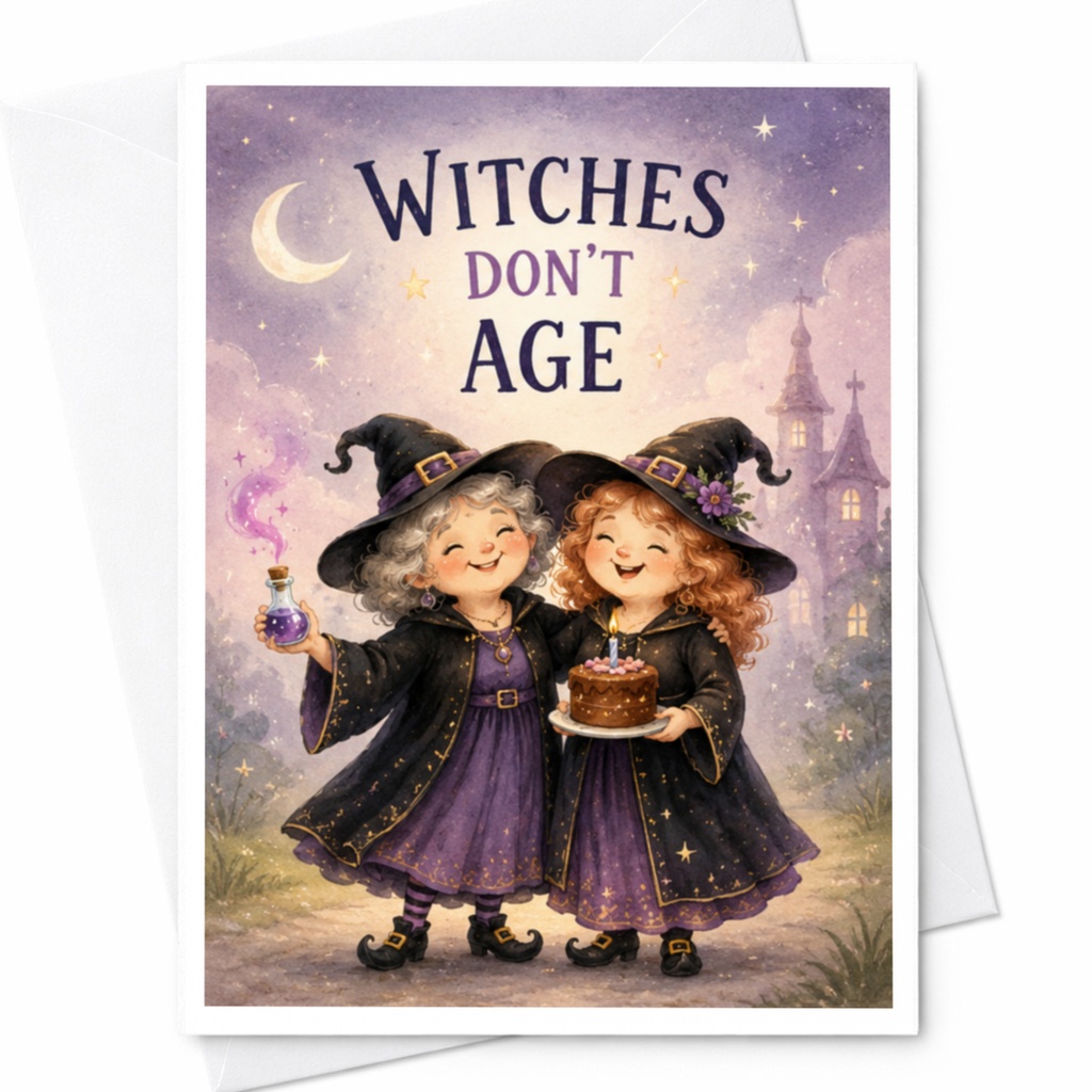Witches Don't Age Halloween Card Funny Witch Birthday Greeting For Witch Lovers Magical Occasions Cute Witches With Cake C3943
