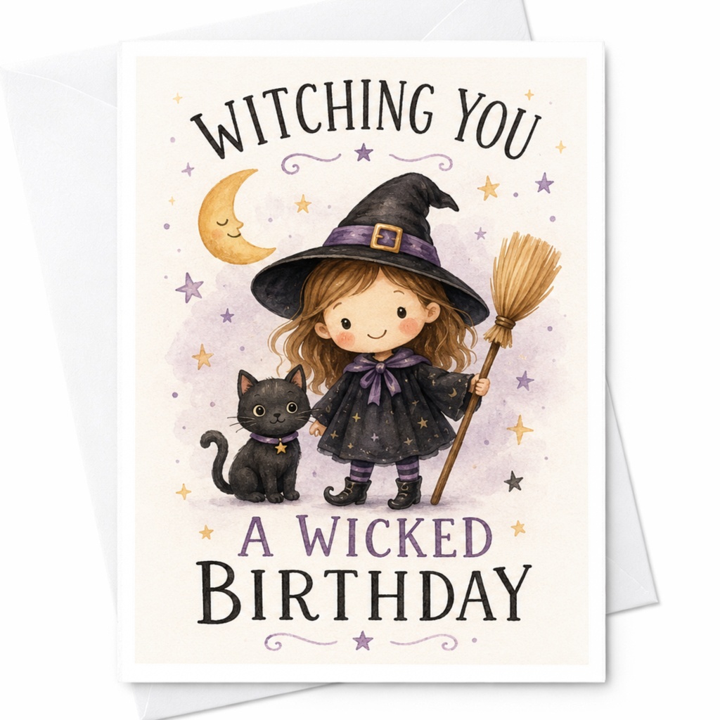 Witching You A Wicked Birthday Cute Witch Birthday Card Halloween Theme For Kids Magical Cat Illustration Fun Greeting Card C3933