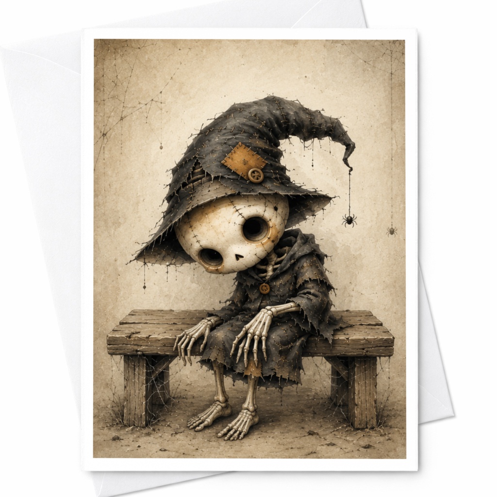 Skeleton Witch Halloween Greeting Card Spooky Cute Art Card For Halloween Lovers Vintage Style Creepy Cute Card C3936