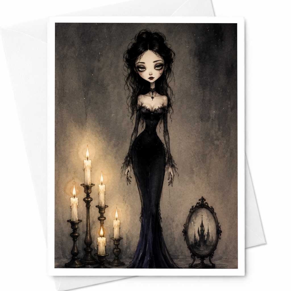 Gothic Halloween Greeting Card Eerie Gothic Woman With Candles Dark Art Card For Halloween Lovers Spooky Gothic Style C3938