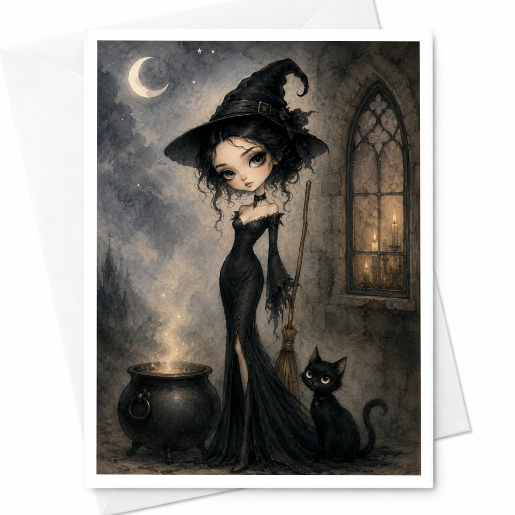 Gothic Witch Halloween Greeting Card Dark Aesthetic Witchy Art For Her Cute Black Cat Spooky Card Wiccan Pagan Occult C3941