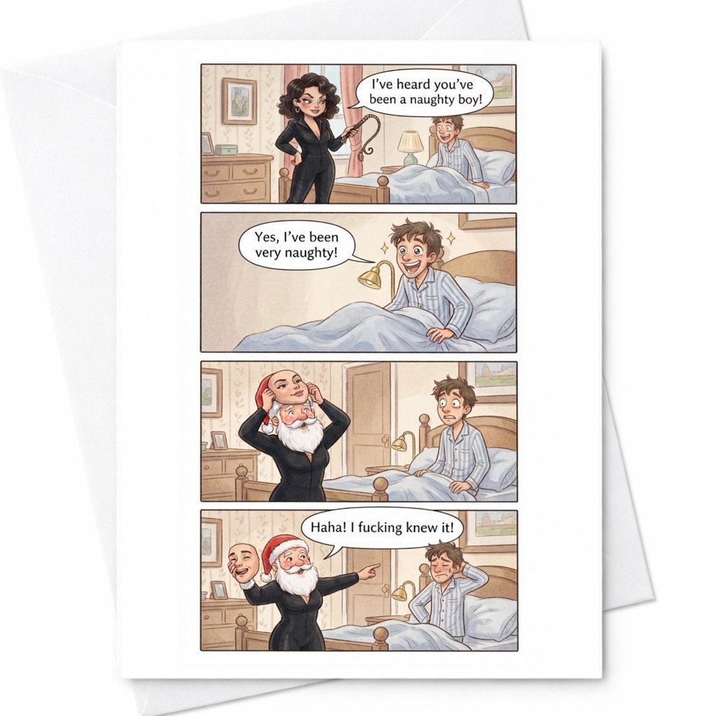 I've Heard You've Been A Naughty Boy Funny Christmas Card Santa Comic Strip Adult Holiday Greeting Card C3945