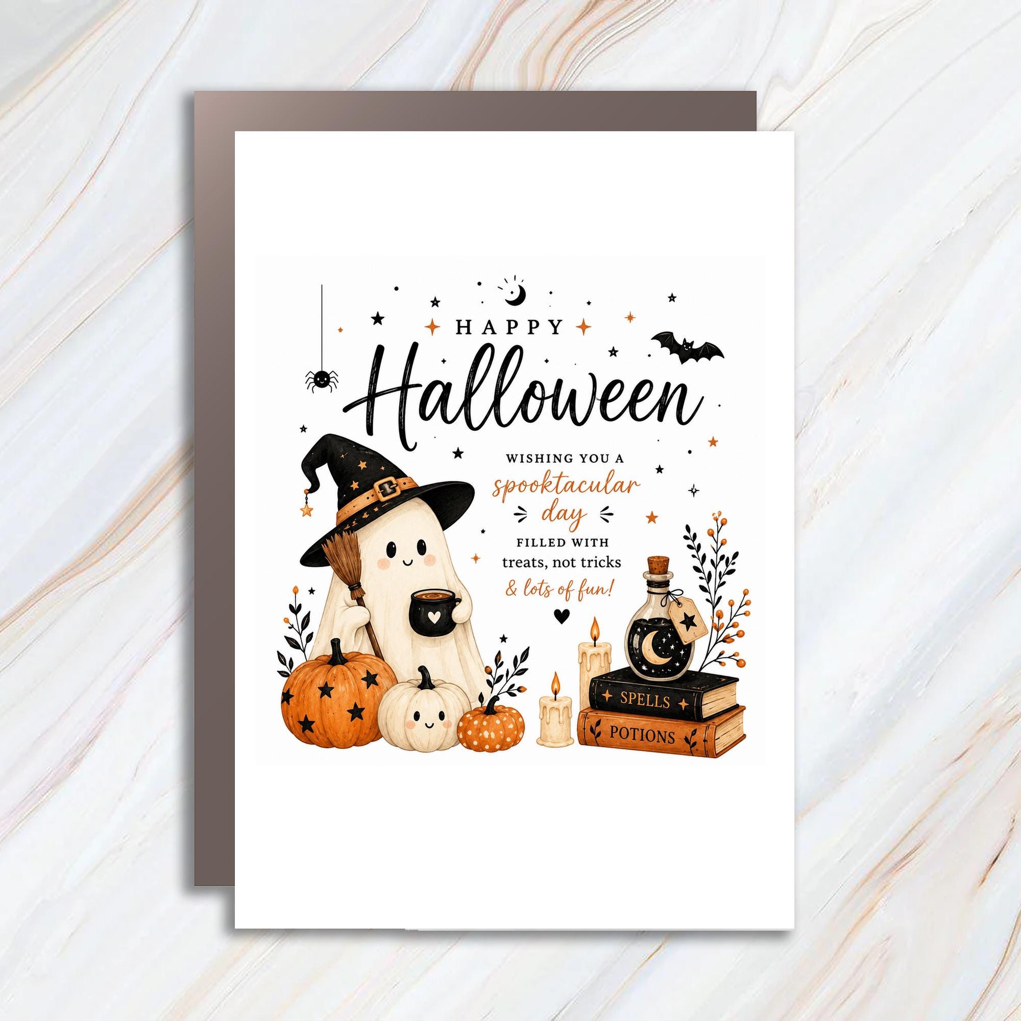 Happy Halloween Wishing You A Spooktacular Day Halloween Card Cute Ghost With Pumpkins Witch Hat Fun Greeting Card HC2