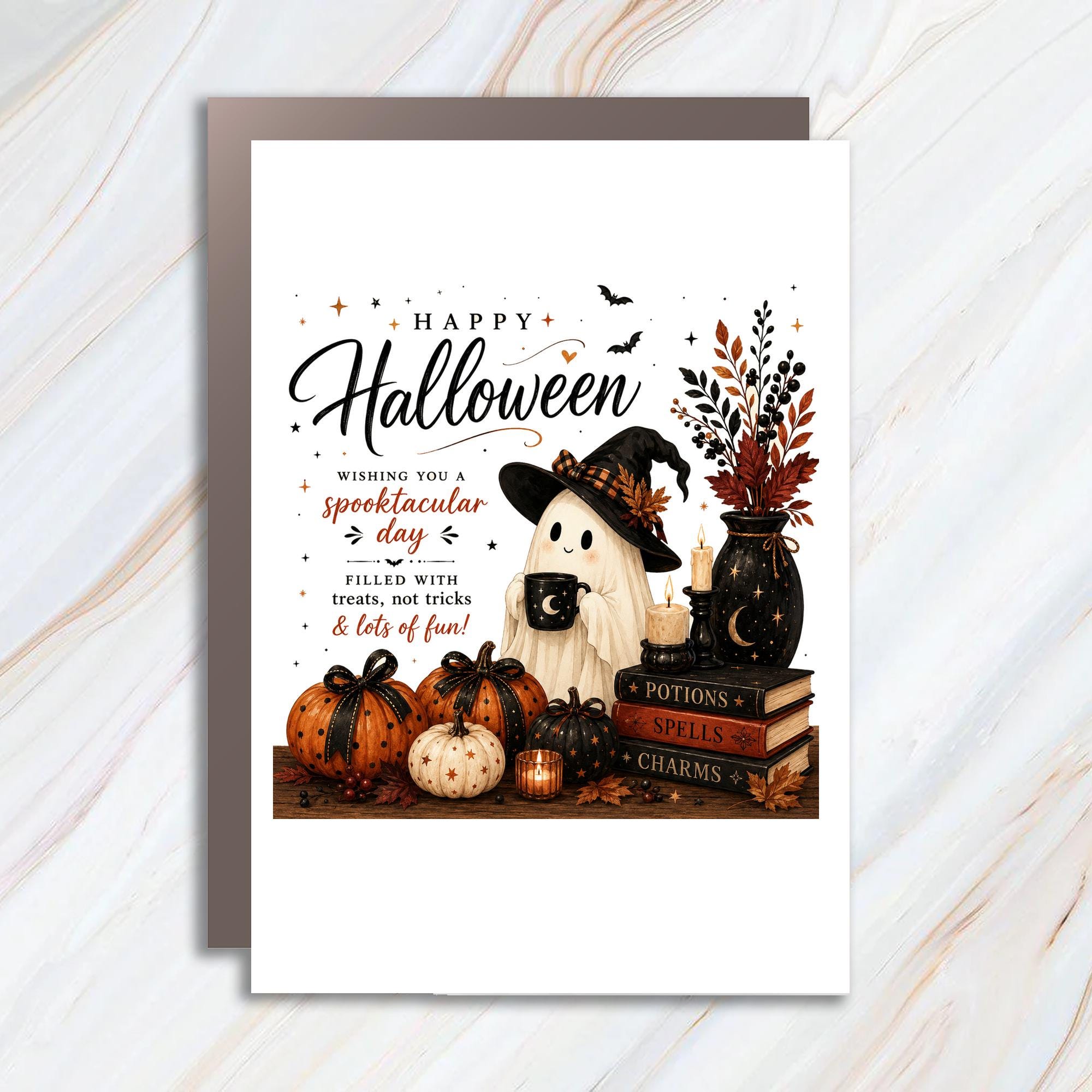 Happy Halloween Wishing You A Spooktacular Day Filled With Treats Halloween Card Cute Ghost Pumpkins Candles Fun HC1