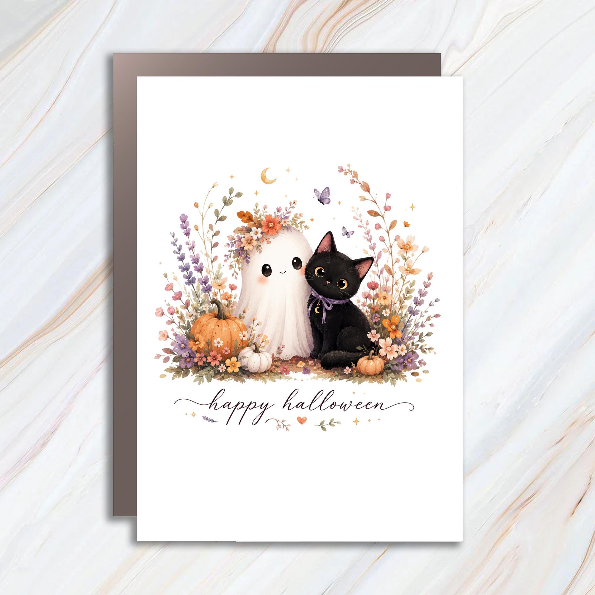 Happy Halloween Cute Halloween Card Ghost And Black Cat With Pumpkins Floral Spooky Greeting Card For Kids HC3
