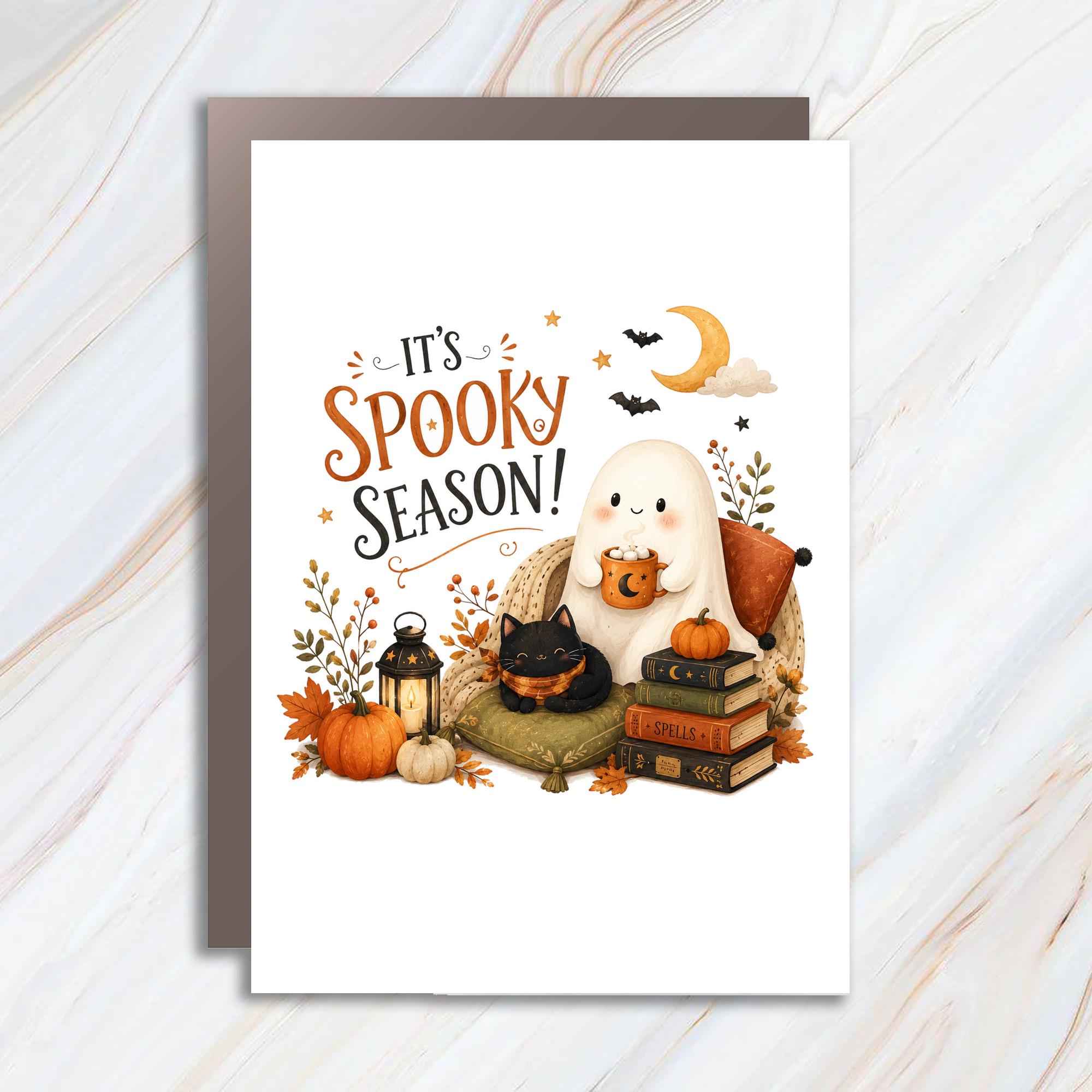 It's Spooky Season! Halloween Card Cute Ghost With Cat Autumn Pumpkins Fall Greeting Card For Friend Fun Seasonal Card HC7