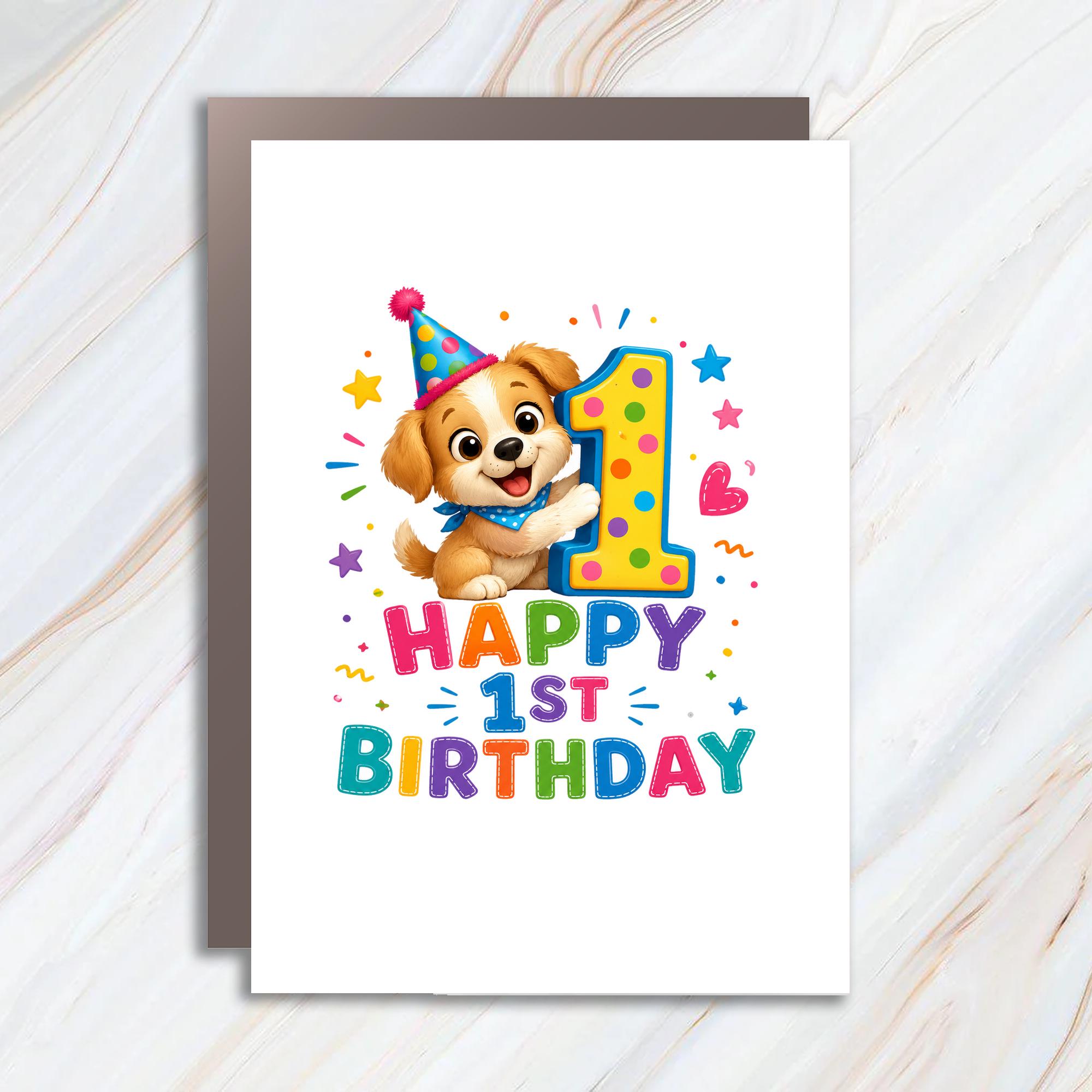 Happy 1st Birthday Cute Puppy Card 1st Birthday Card For Kids Colorful Animal Greeting Card Adorable Party Hat 1BC6