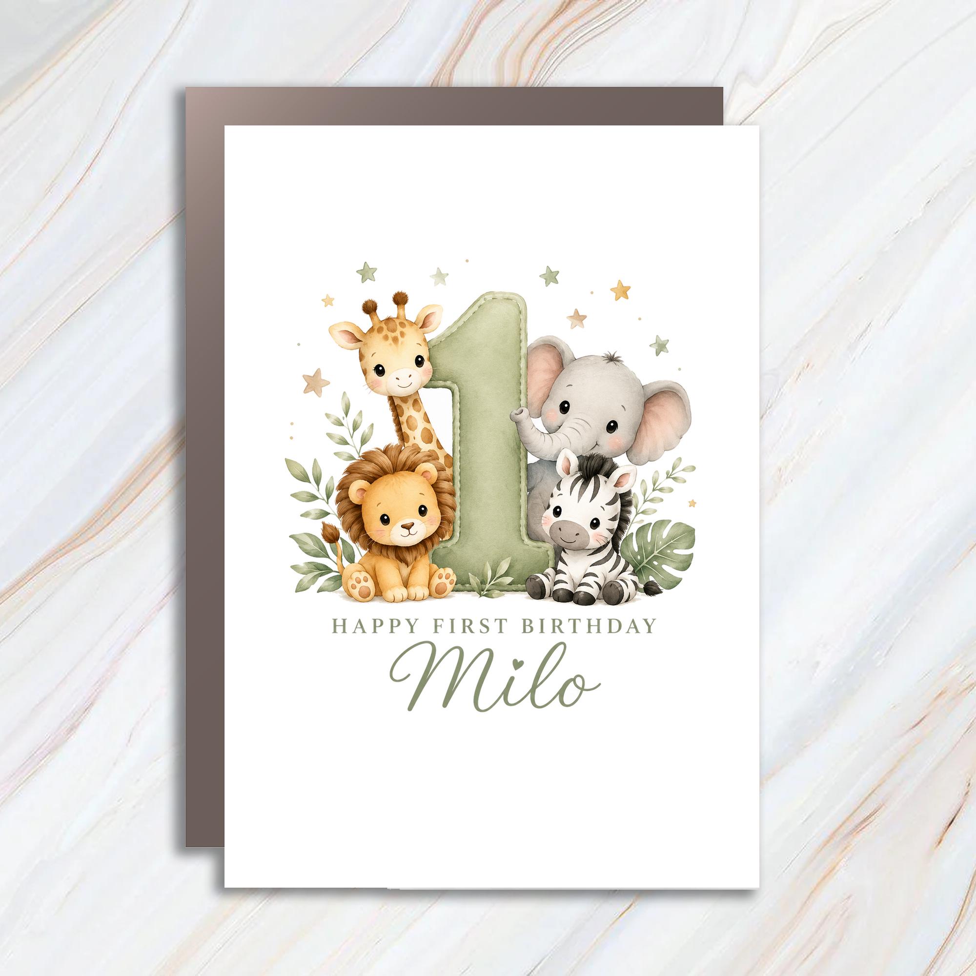 Custom Happy First Birthday Card Jungle Animals Cute Safari Theme For Kids Personalized Birthday Card 1BC7