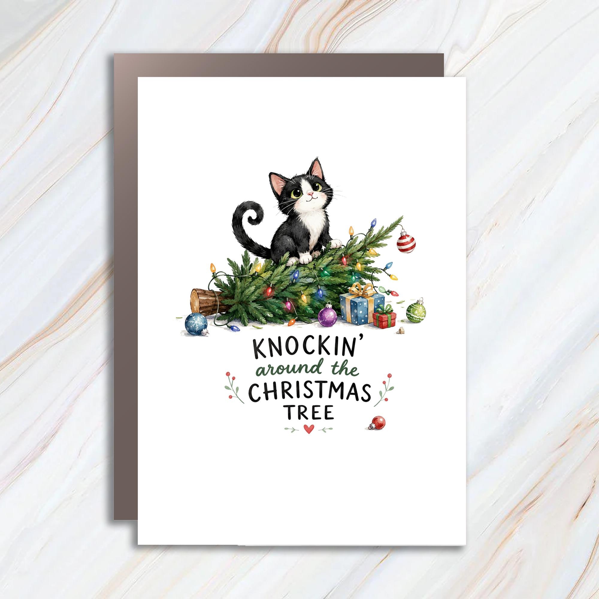 Knockin' Around The Christmas Tree Funny Christmas Card Cute Cat Holiday Greeting Card For Cat Lover Festive Xmas Card CC1