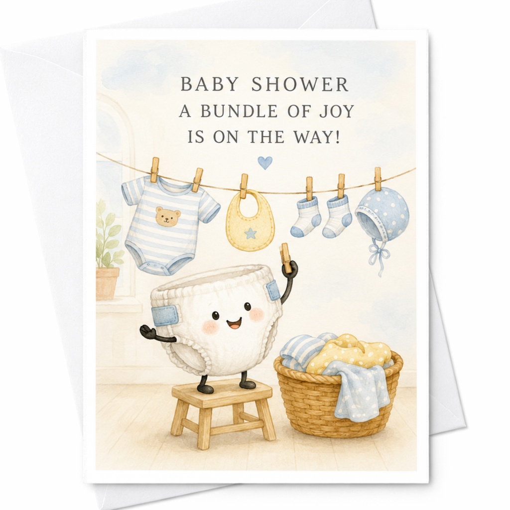 Baby Shower A Bundle Of Joy Is On The Way! Cute Baby Shower Card New Mom Pregnancy Announcement Adorable Diaper Character C3947