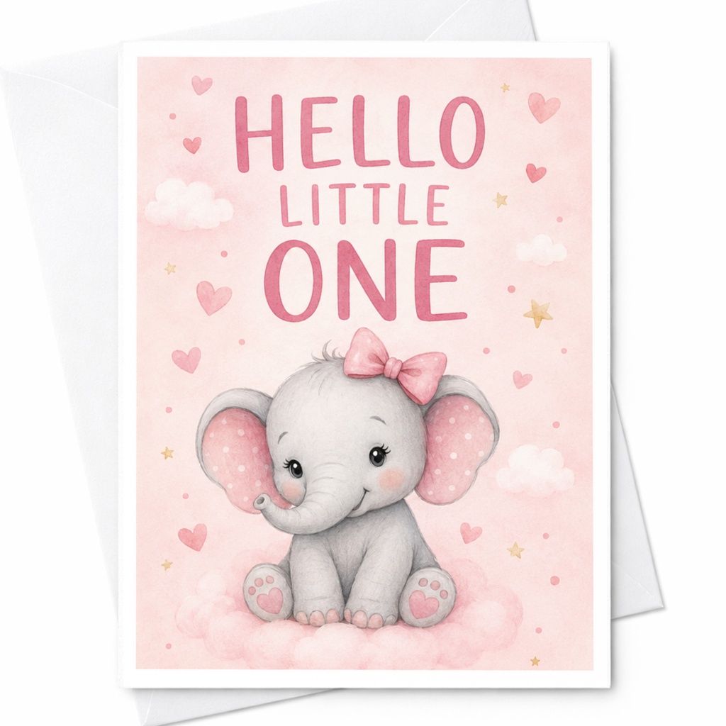 Hello Little One New Baby Card Cute Elephant With Hearts Baby Shower Card For New Parents Gender Neutral Greeting Card C3956
