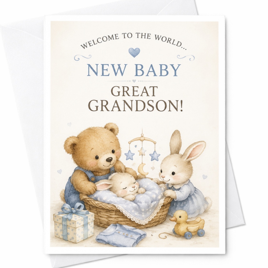Welcome To The World... New Baby Great Grandson! Cute New Baby Card For Great Grandson Birth Announcement Baby Shower Greeting Car C3964
