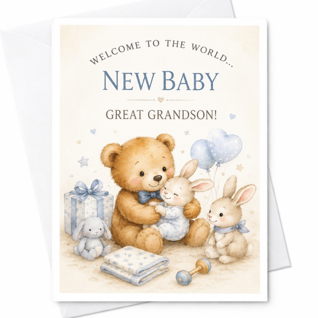 Welcome To The World... New Baby Great Grandson! Cute New Baby Card For Great Grandson Birth Announcement Greeting Card With Teddy C3965
