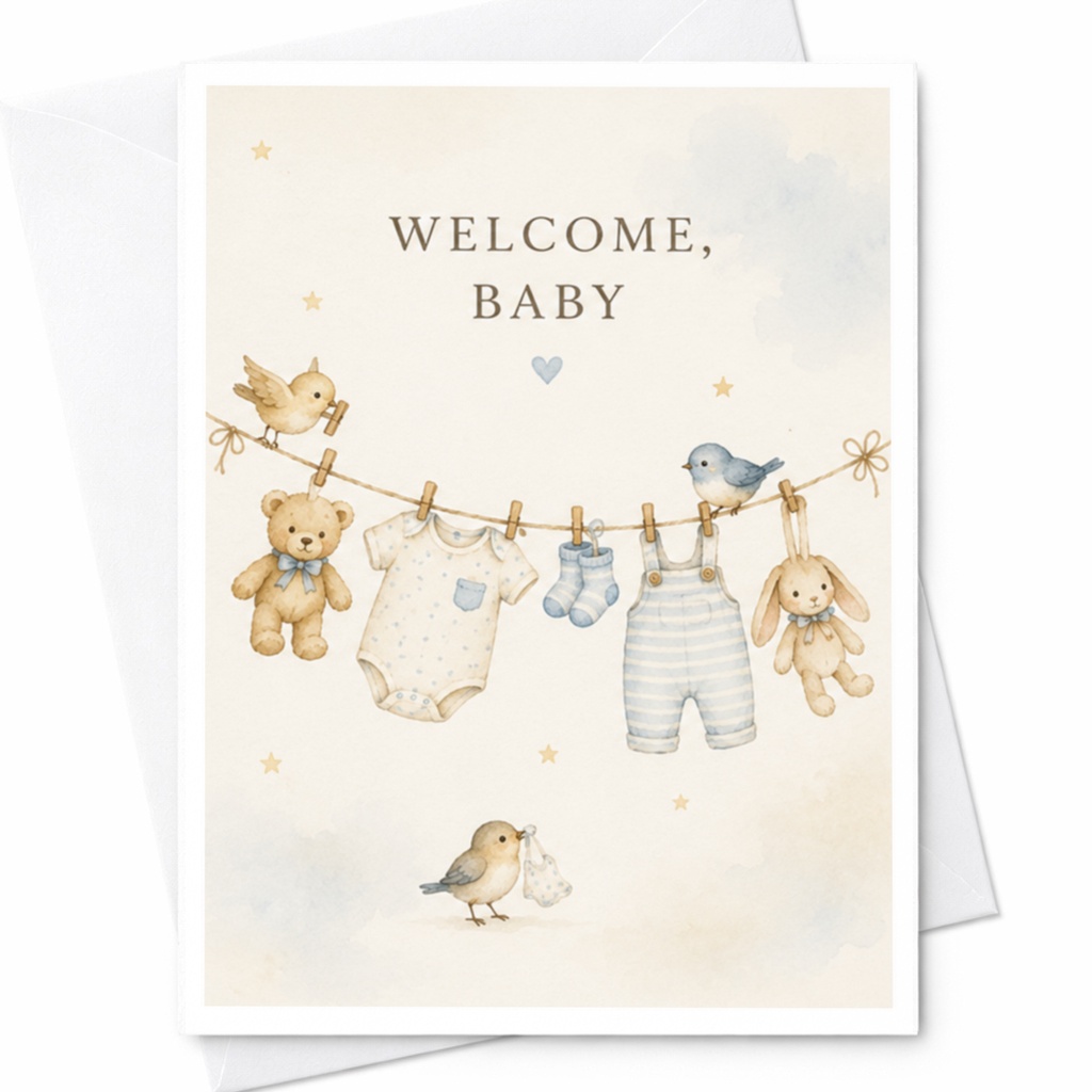 Welcome, Baby New Baby Greeting Card Watercolor Clothesline Cute Animals For New Parents Baby Shower Card C3968