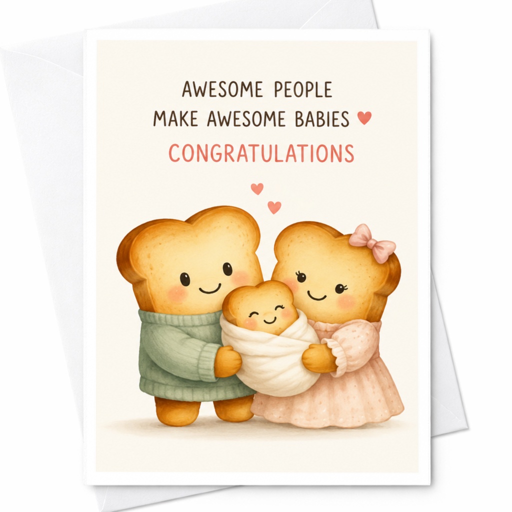 Awesome People Make Awesome Babies Congratulations Baby Shower Card Cute Bread Family New Parents Greeting Card C3953