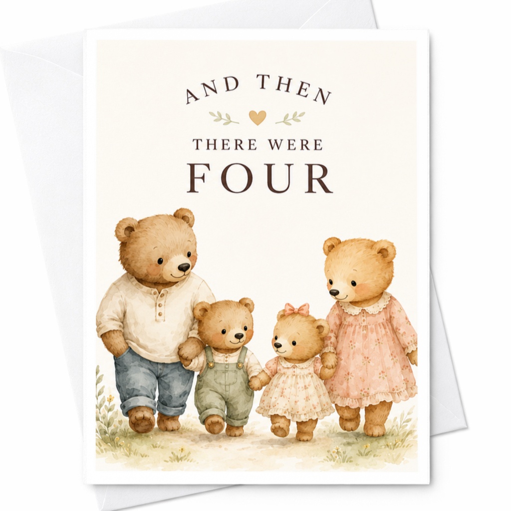 And Then There Were Four Baby Shower Card Cute Bear Family Illustration Pregnancy Announcement New Parents Card C3966