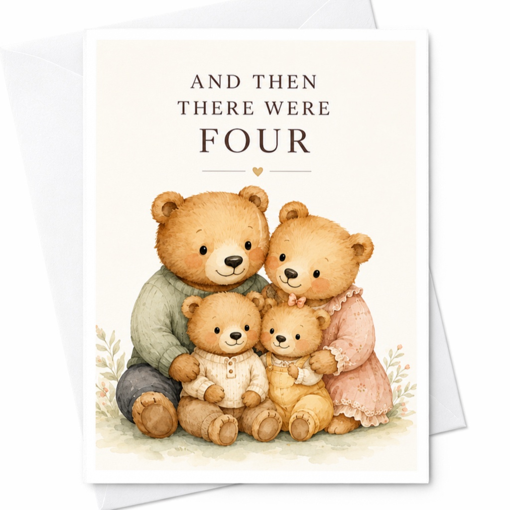 And Then There Were Four Baby Shower Card Cute Family Of Bears Pregnancy Announcement New Baby Card For Parents C3967