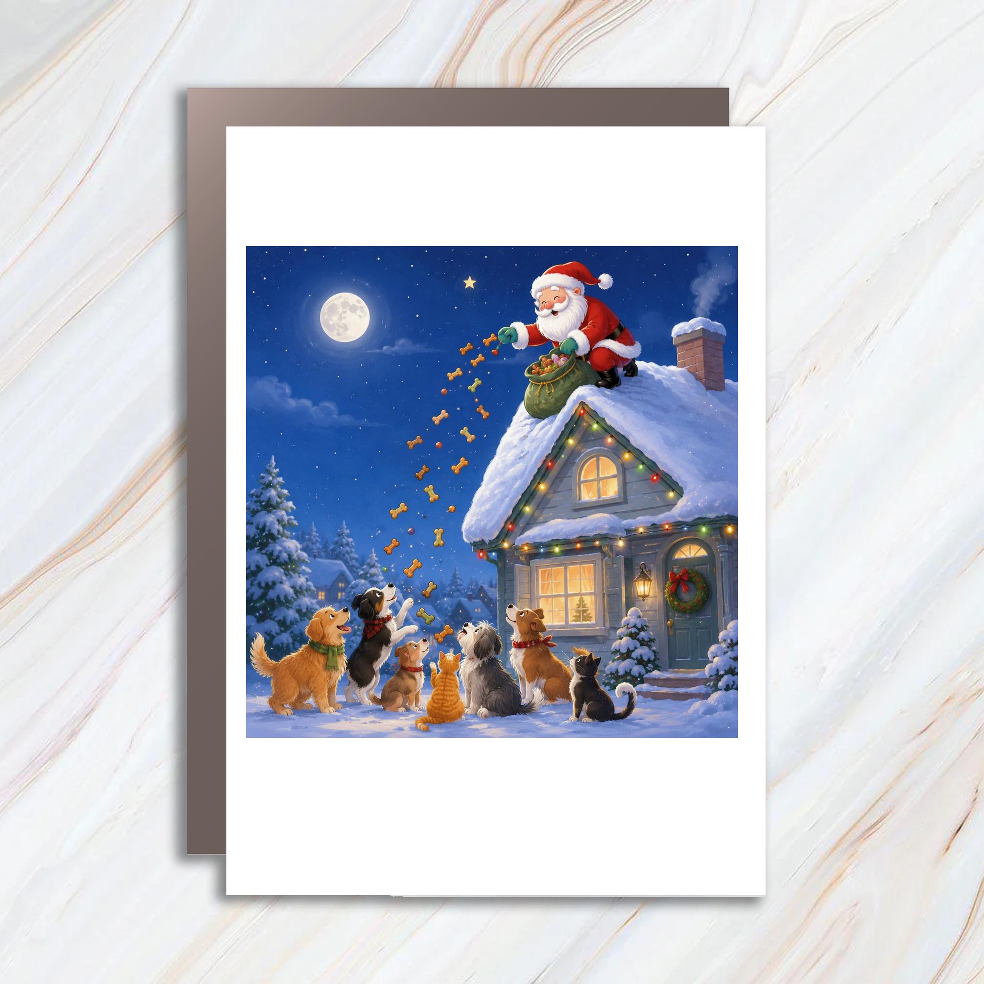 Santa With Dogs And Cats Christmas Card Cute Holiday Greeting Card For Pet Lovers Festive Winter Scene Animal Lover Card CC2