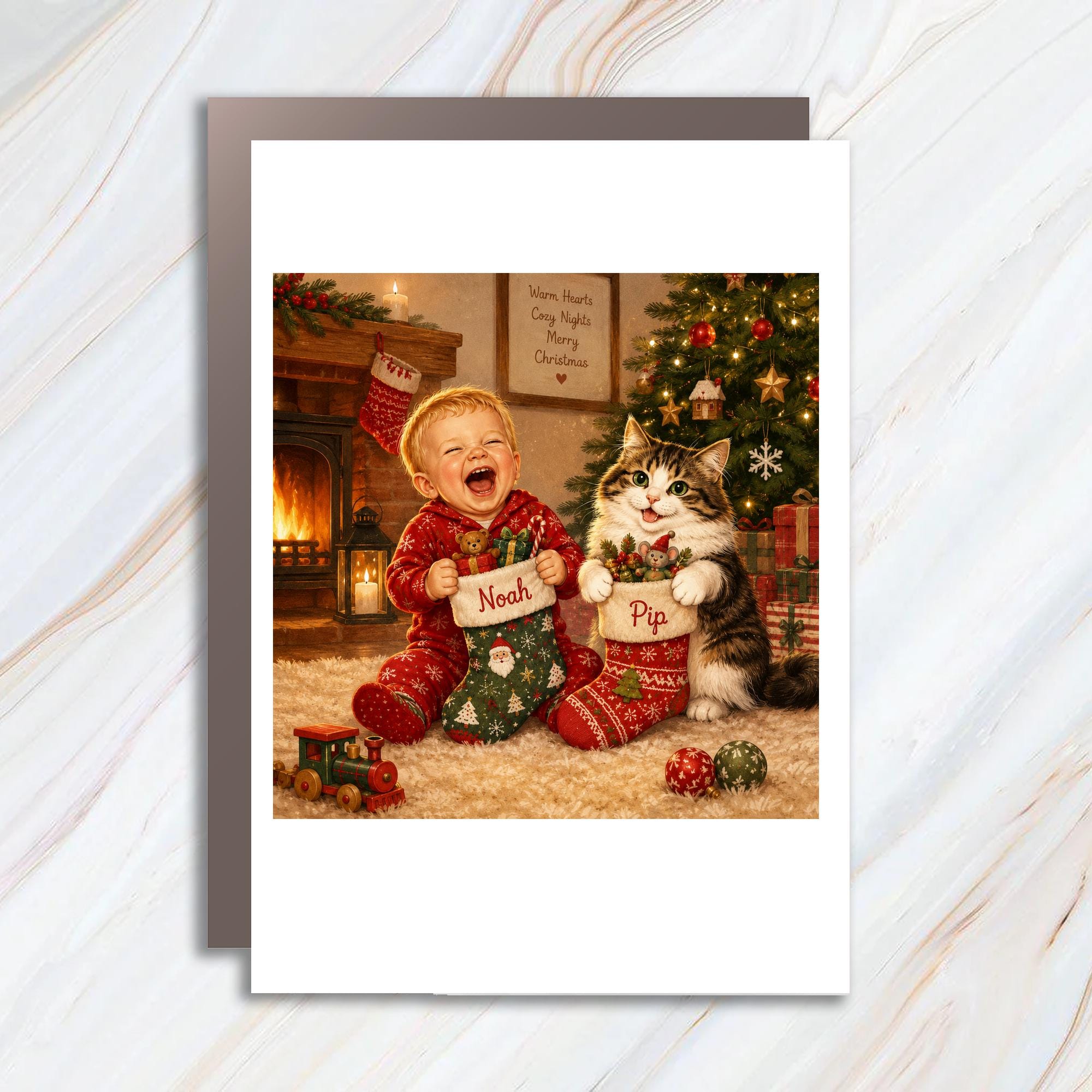 Custom Warm Hearts Cozy Nights Merry Christmas Card Personalized Cute Child Cat Holiday Greeting Card Festive Xmas Card For Family CC12