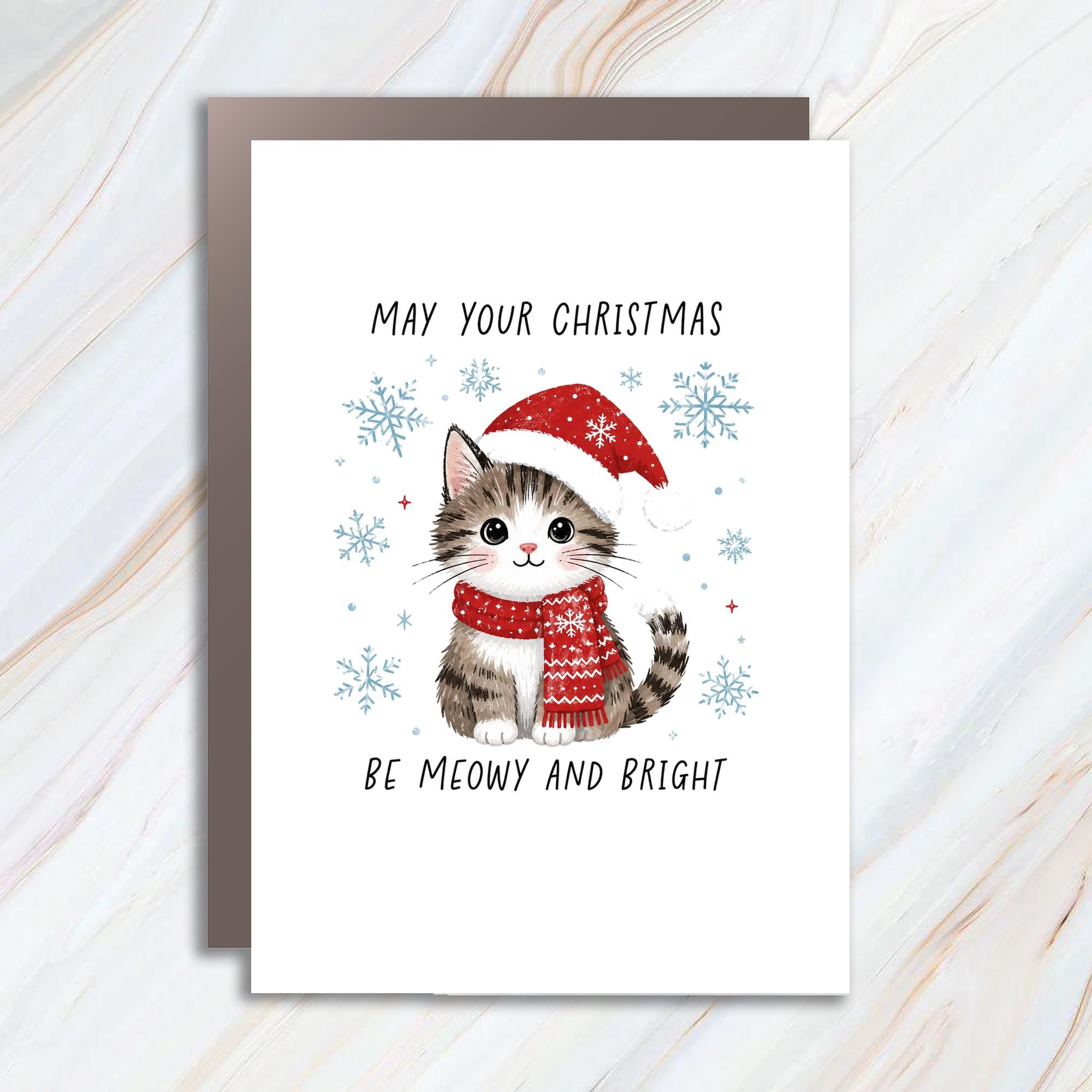 May Your Christmas Be Meowy And Bright Cute Cat Christmas Card Holiday Greeting Card For Cat Lover Festive Snowflakes CC6