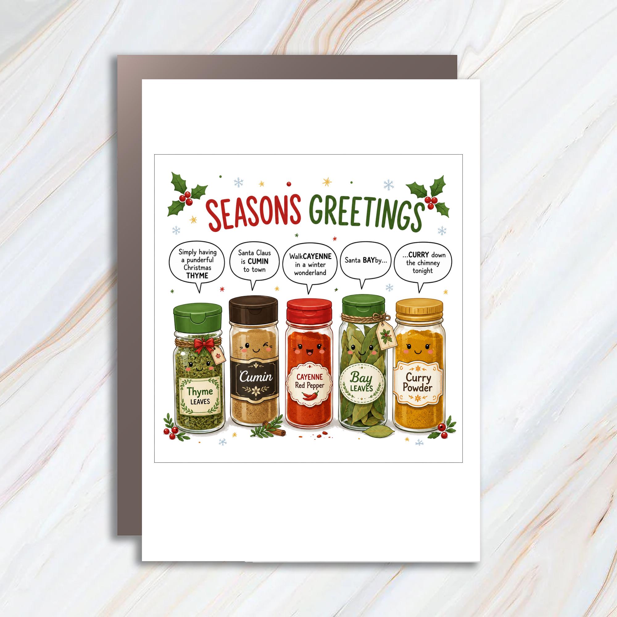 Seasons Greetings Funny Christmas Card Spice Jar Puns Holiday Card Cute Festive Greeting Card For Food Lovers CC7