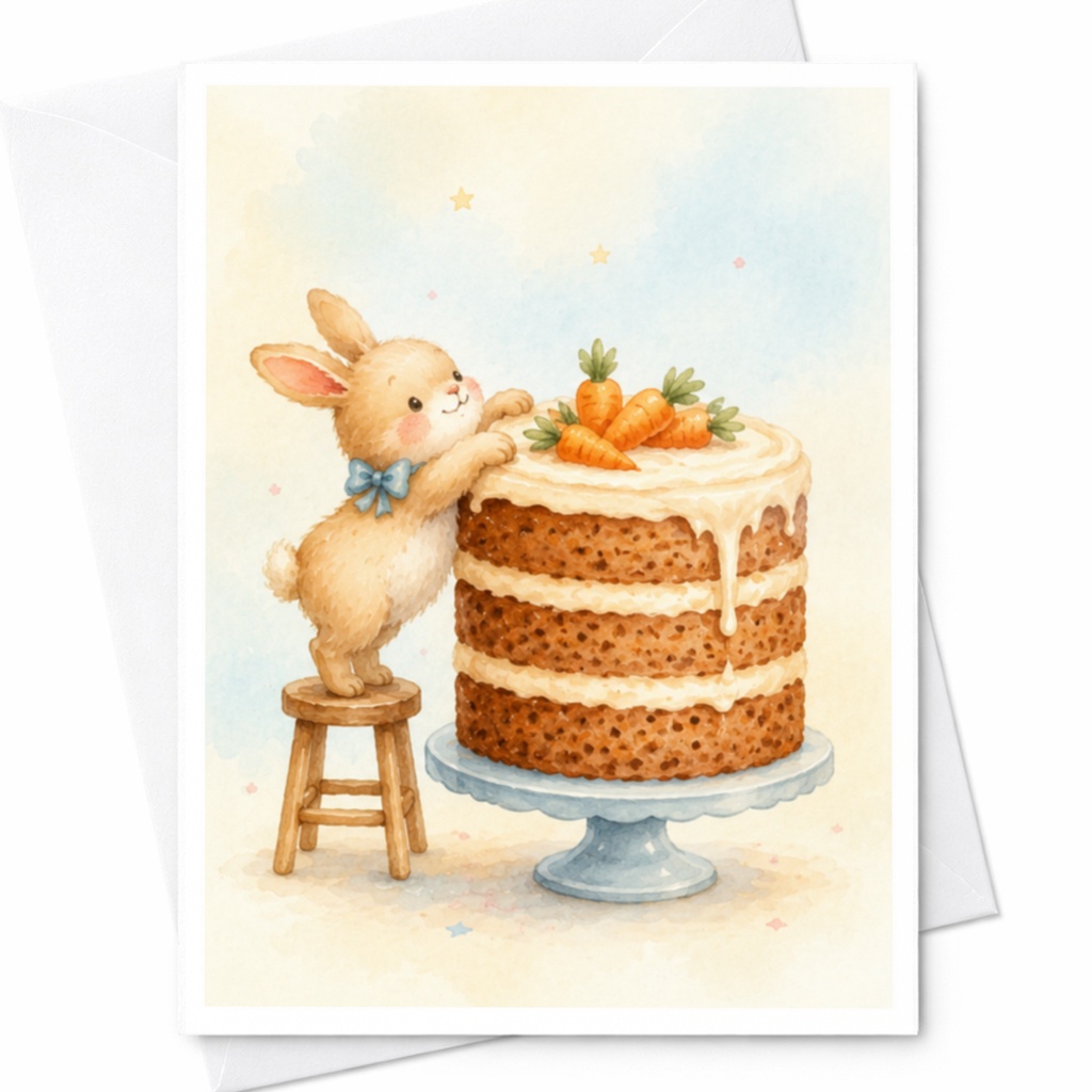 Bunny With Carrot Cake Cute Greeting Card Blank Note Card For Kids Animal Lover Birthday Card Adorable Illustration C3970