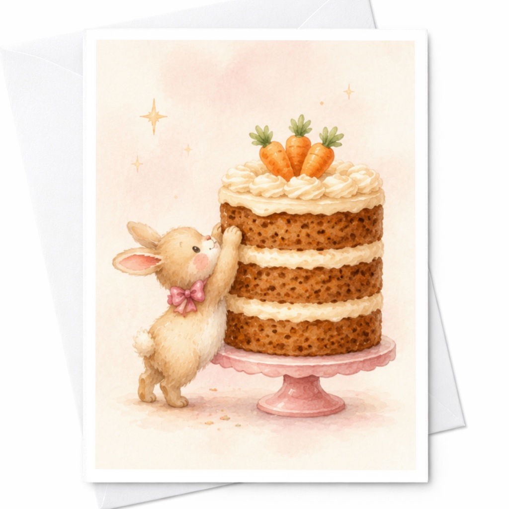 Bunny With Carrot Cake Blank Greeting Card Cute Animal Card For Kids Birthday Card Adorable Rabbit Illustration Everyday Card C3971