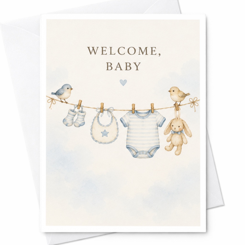 Welcome, Baby New Baby Greeting Card Watercolor Baby Clothesline Cute Birds For New Parents Baby Shower Card C3969