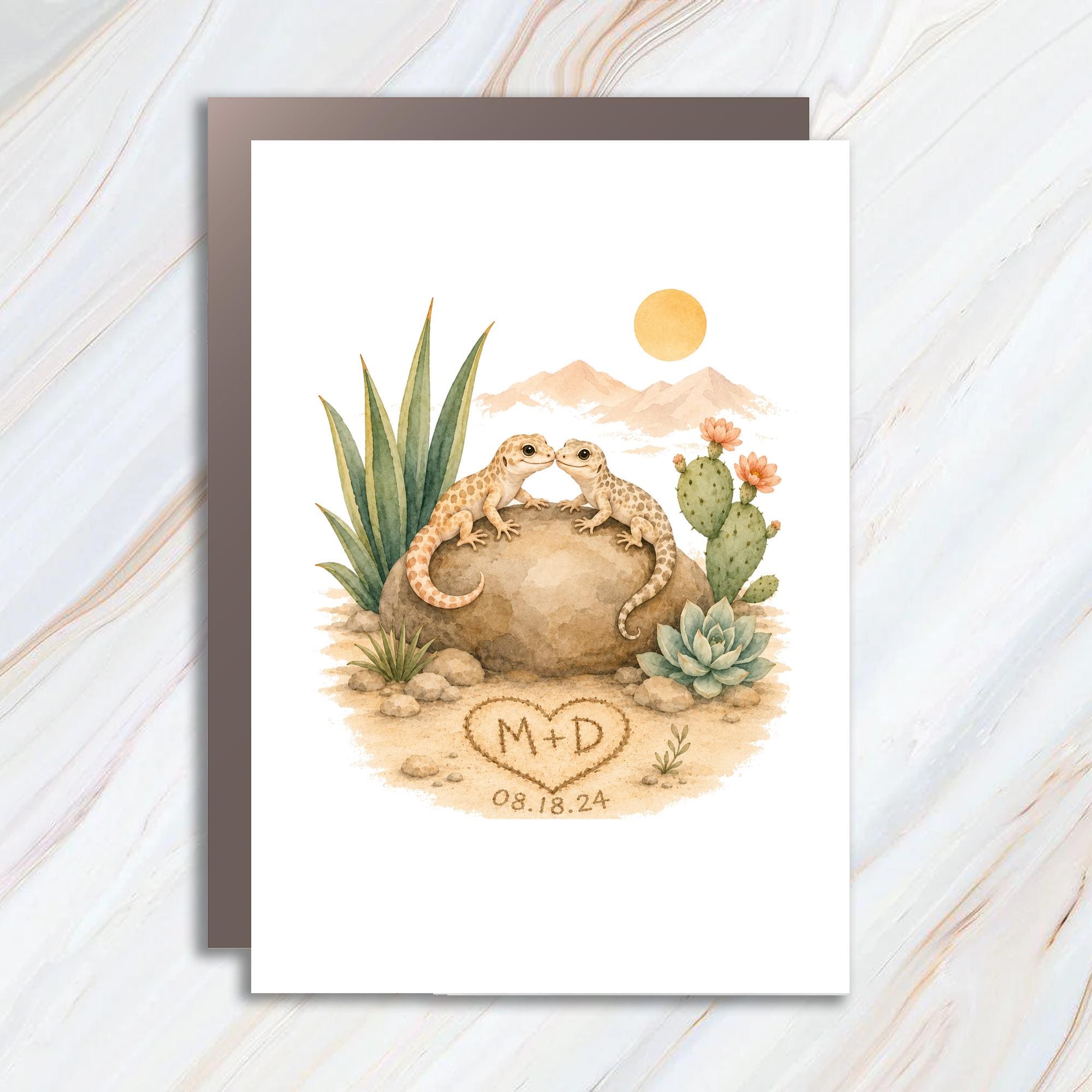 Custom Wedding Anniversary Card Cute Lizard Couple Desert Scene Personalized Date Love Card For Couple WC100