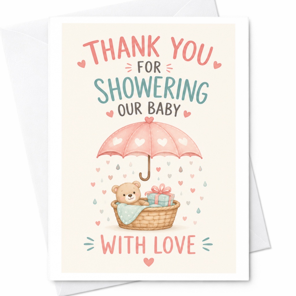 Thank You For Showering Our Baby With Love Baby Shower Card Cute Teddy Bear Umbrella Gift Basket New Parents Greeting Card C3973