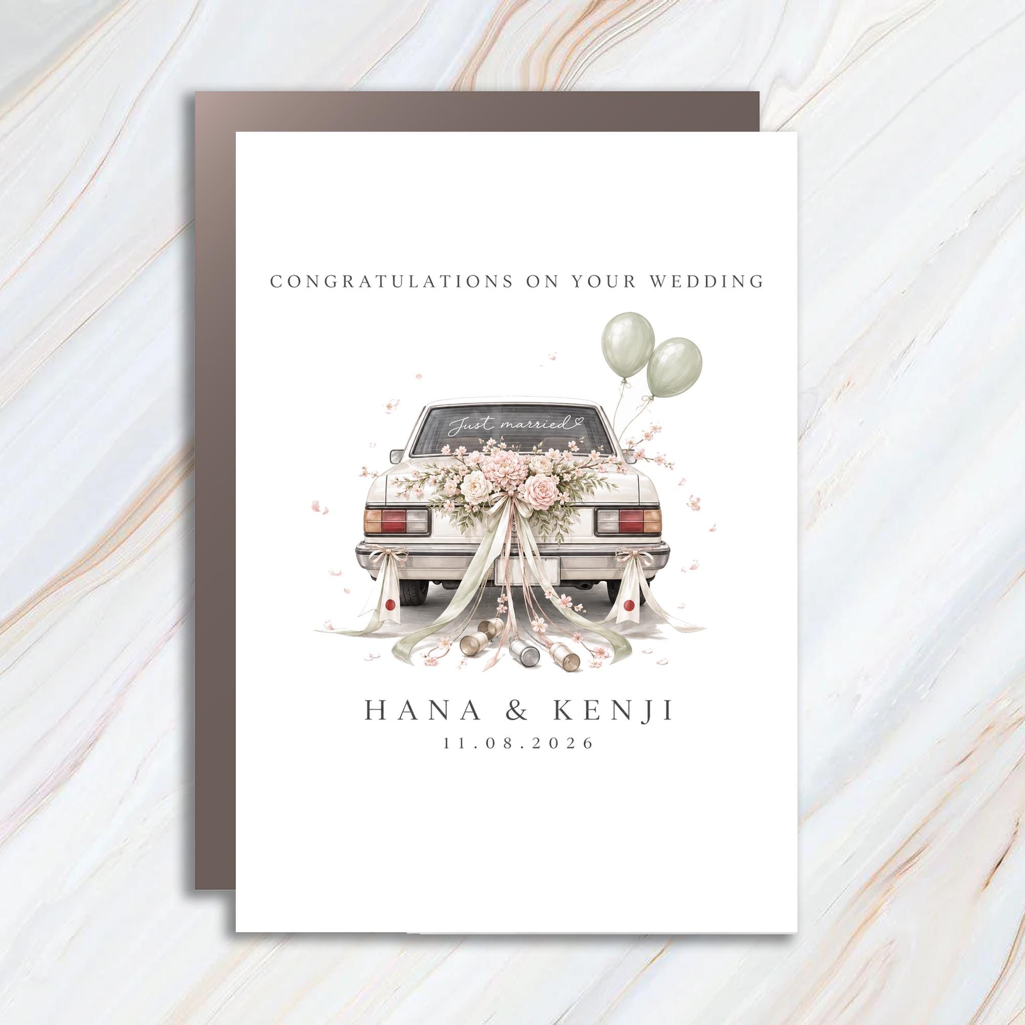 Custom Congratulations On Your Wedding Card Just Married Floral Car Wedding Card For Couple Personalized Wedding Date Card WC102