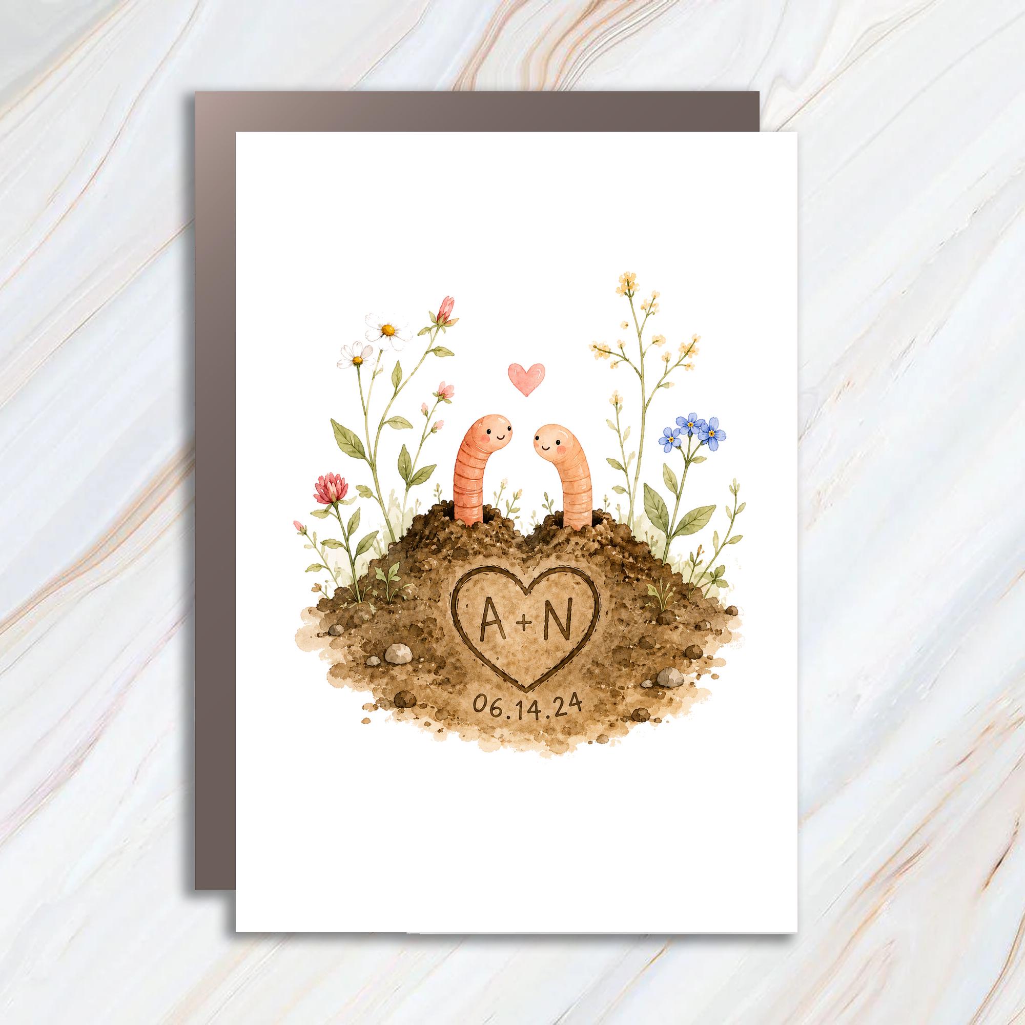 Custom Cute Worms Wedding Card Personalized Anniversary Card For Couple Romantic Floral Engagement Card WC99