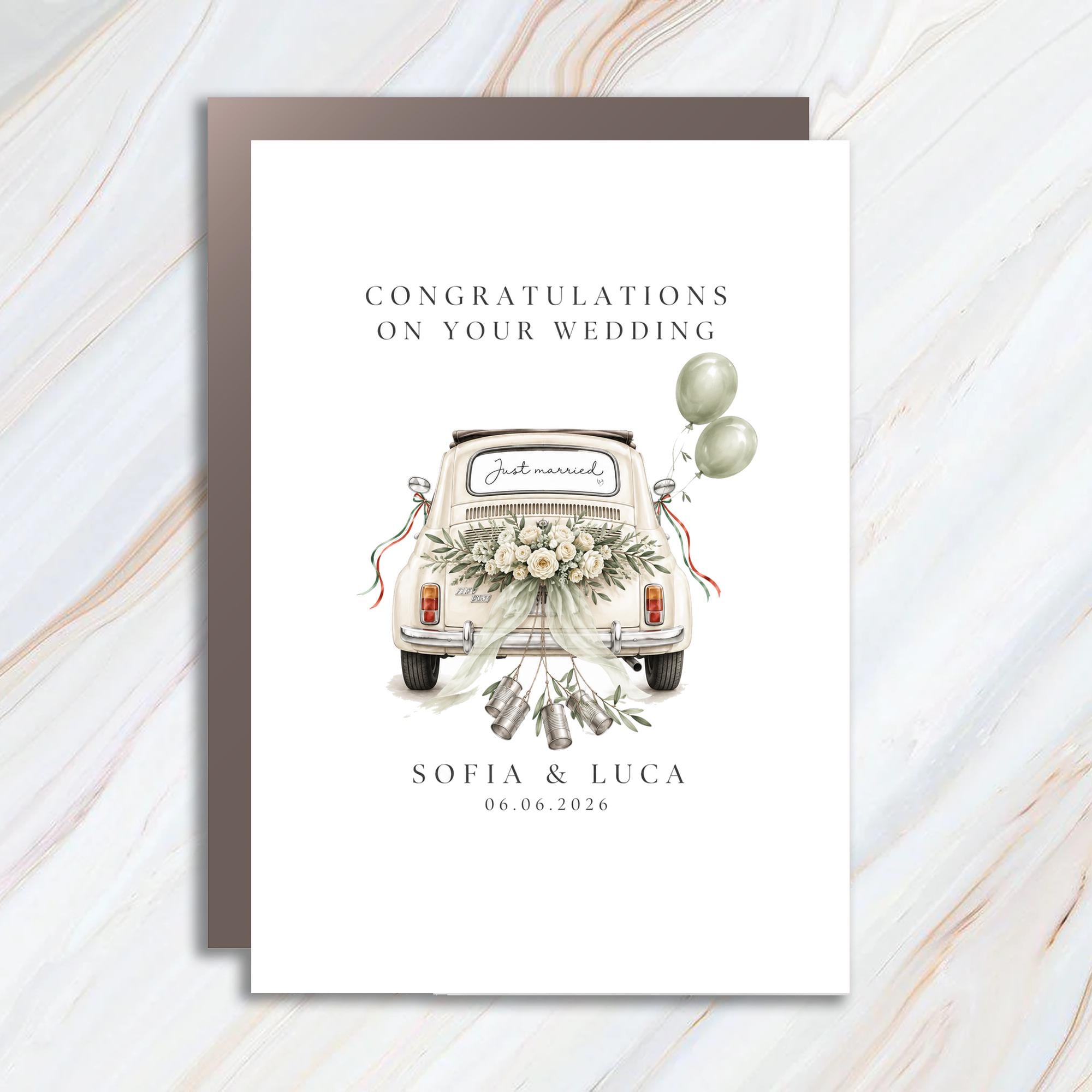 Congratulations On Your Wedding Vintage Car Wedding Card Just Married Floral For Couple Romantic Celebration WC104