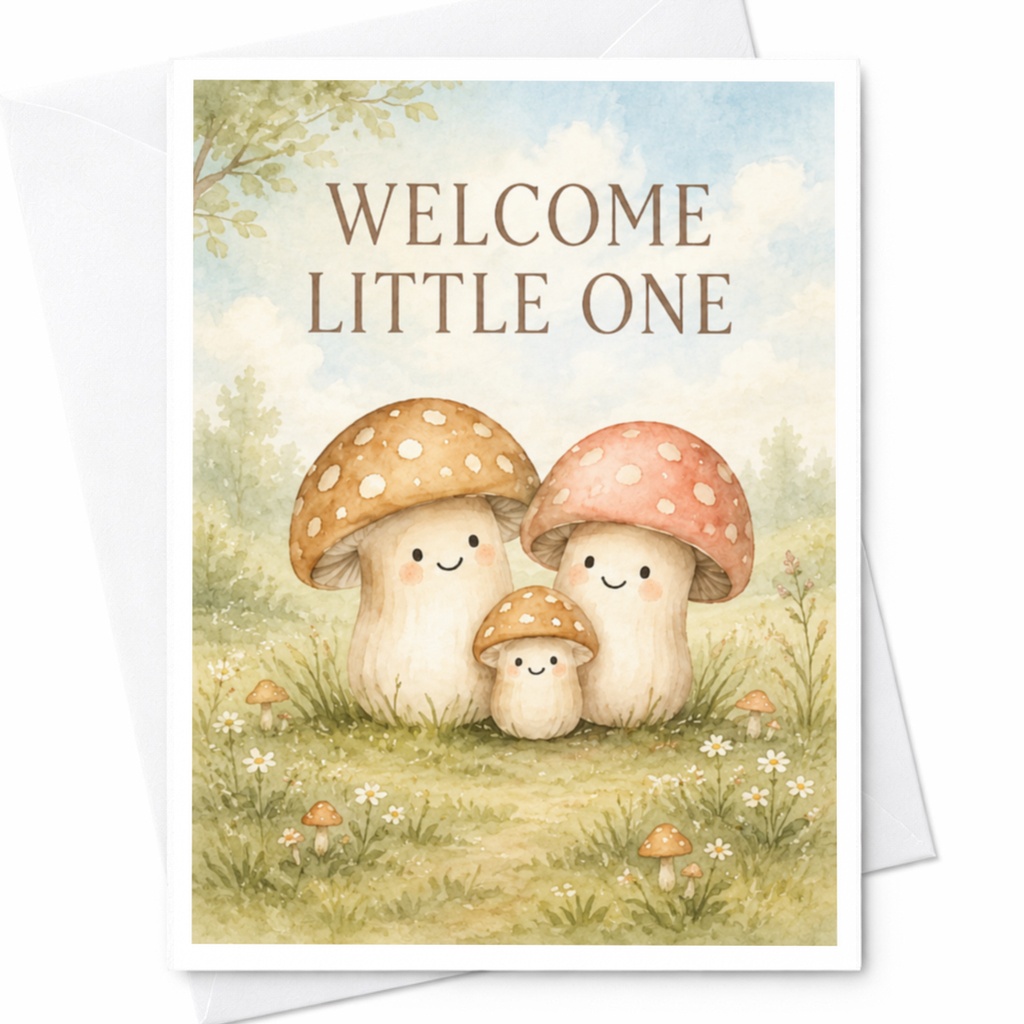 Welcome Little One New Baby Card Cute Mushroom Family Greeting Card Woodland Theme For New Parents Adorable Baby Shower Card C3983