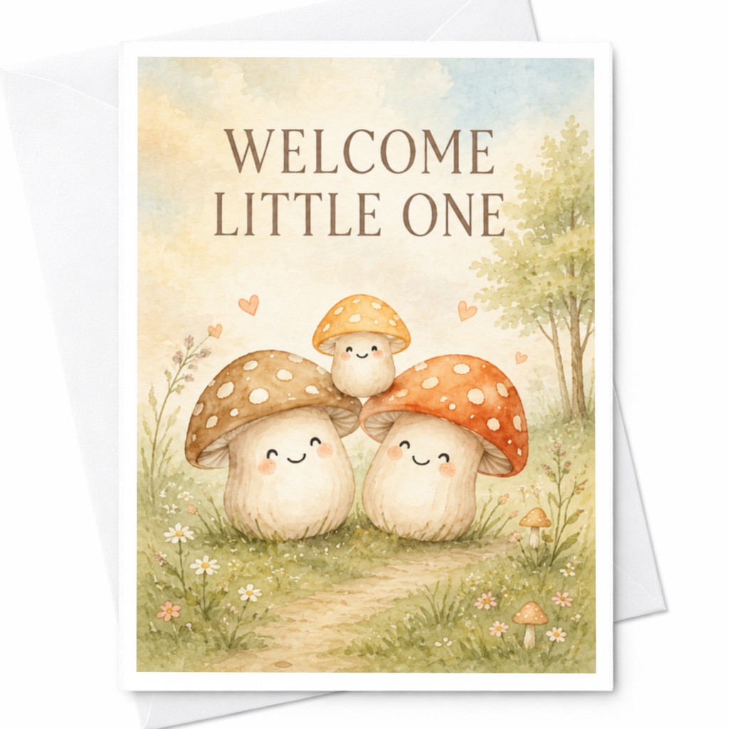 Welcome Little One New Baby Card Cute Mushroom Family Greeting Card Woodland Theme For New Parents Adorable Baby Shower Card C3982