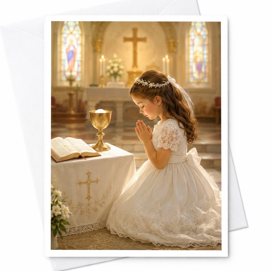 First Communion Card Girl Praying Religious Greeting Card For Her Spiritual Celebration Church Ceremony Keepsake C4014