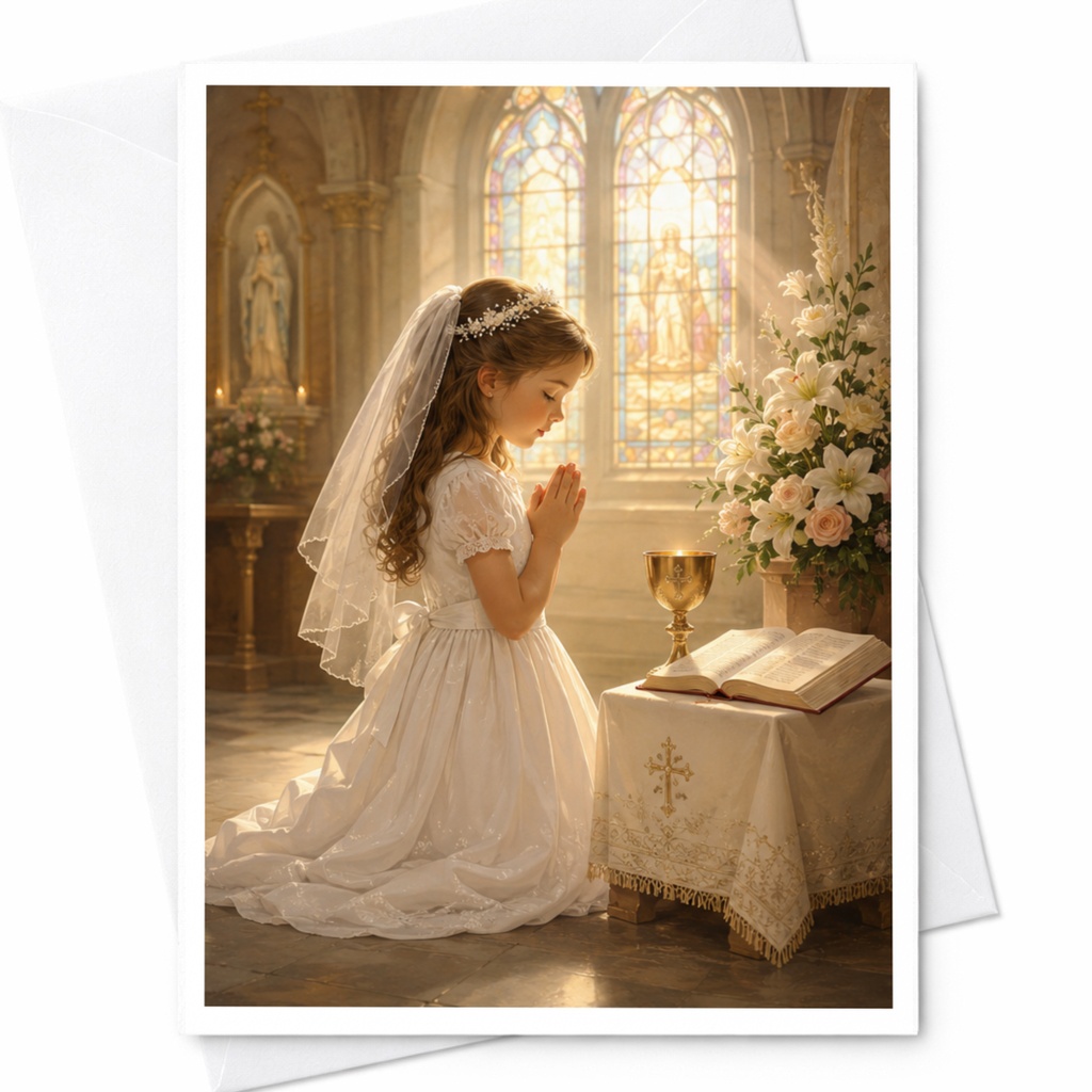 First Communion Card Girl Praying Religious Greeting Card For Her Special Day Spiritual Celebration Keepsake Elegant C4015